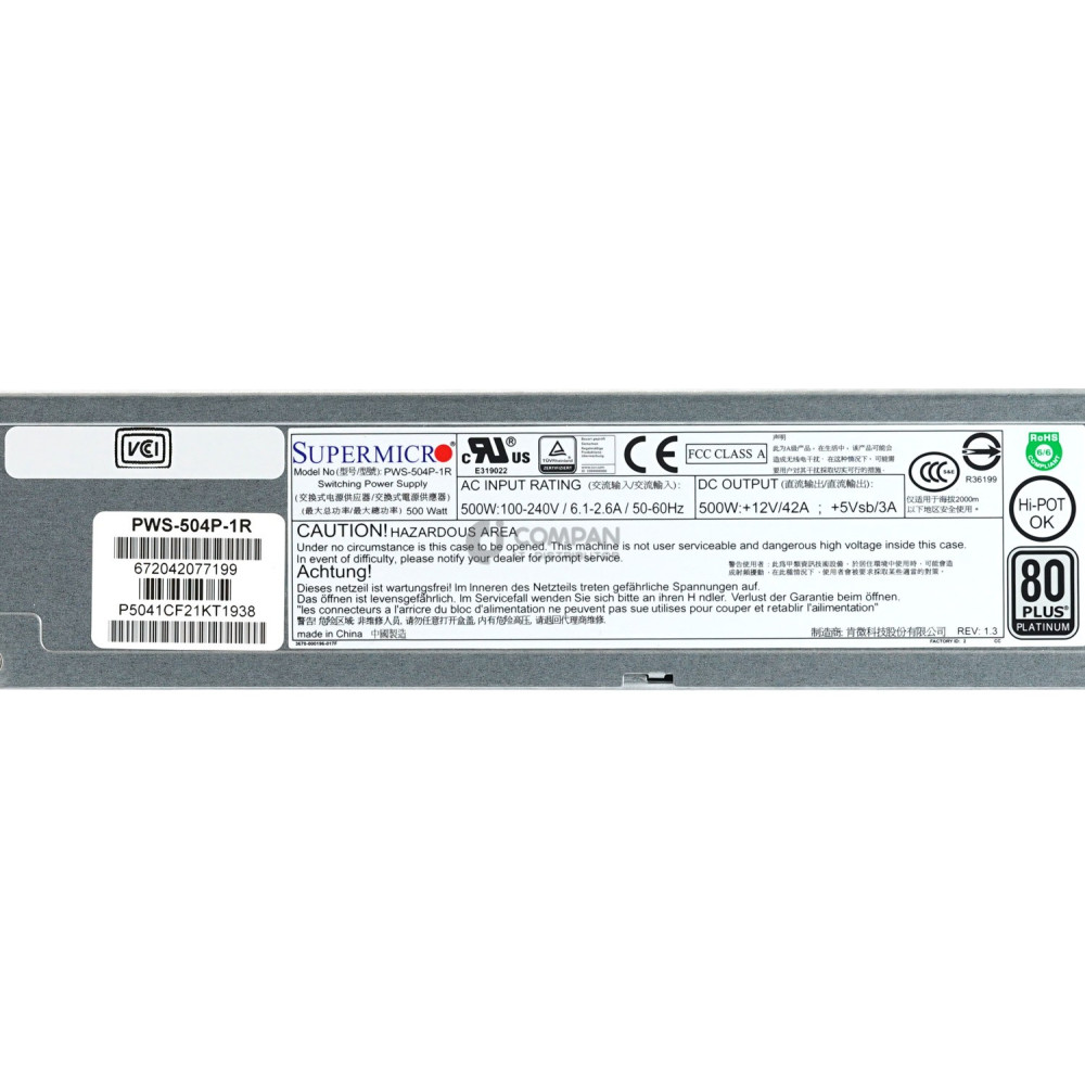 PWS-504P-1R SUPERMICRO 500W 80PLUS PLATINUM POWER SUPPLY